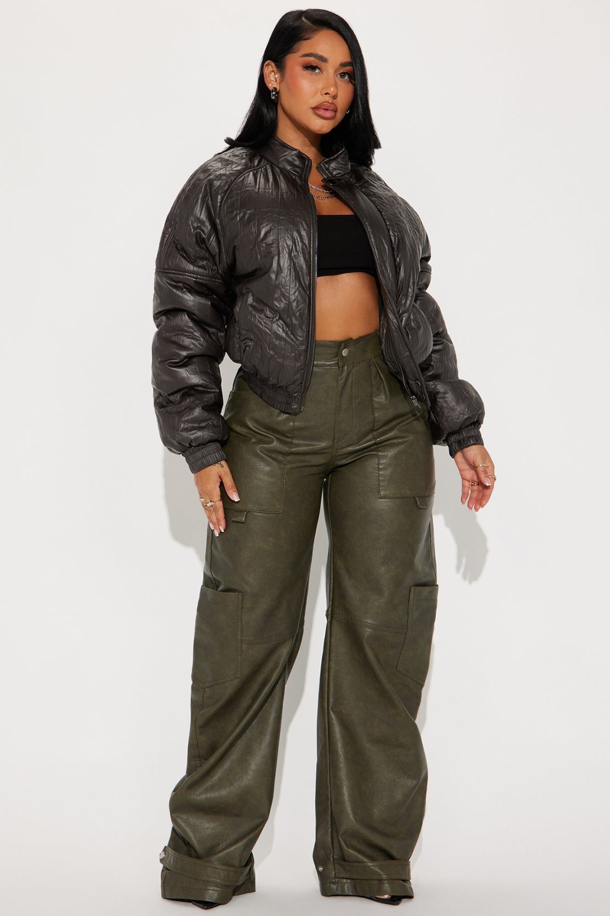 Bossed Up Crinkled Faux Leather Bomber Jacket - Charcoal