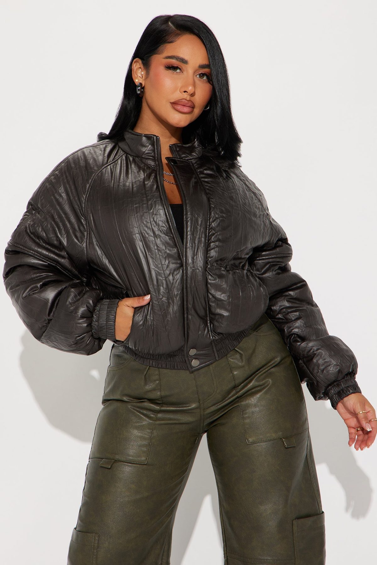 Bossed Up Crinkled Faux Leather Bomber Jacket - Charcoal