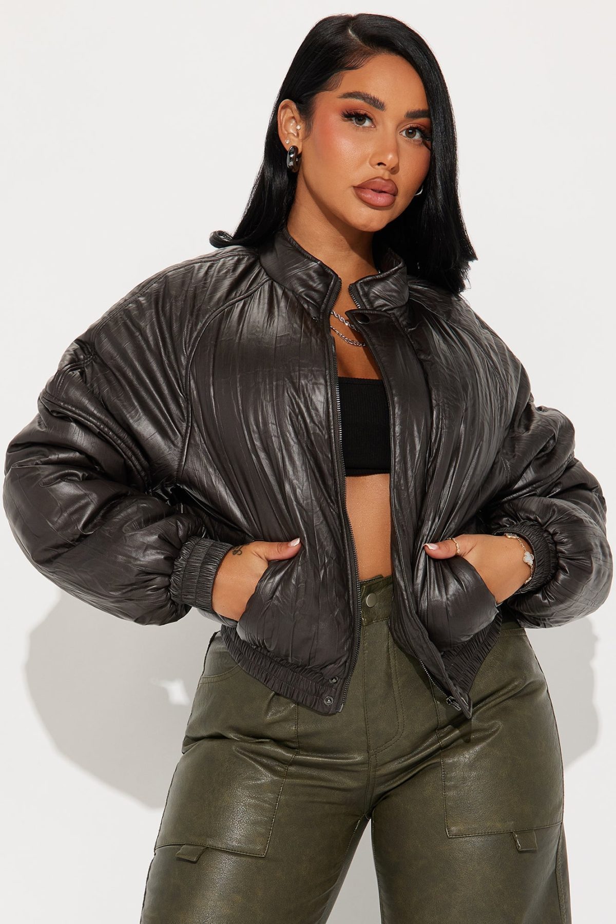 Bossed Up Crinkled Faux Leather Bomber Jacket - Charcoal