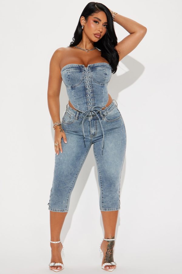 Wait For Me Denim Capri Set - Medium Wash