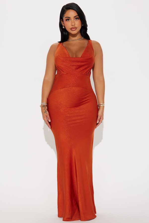 Adele Cowl Back Satin Gown - Rust