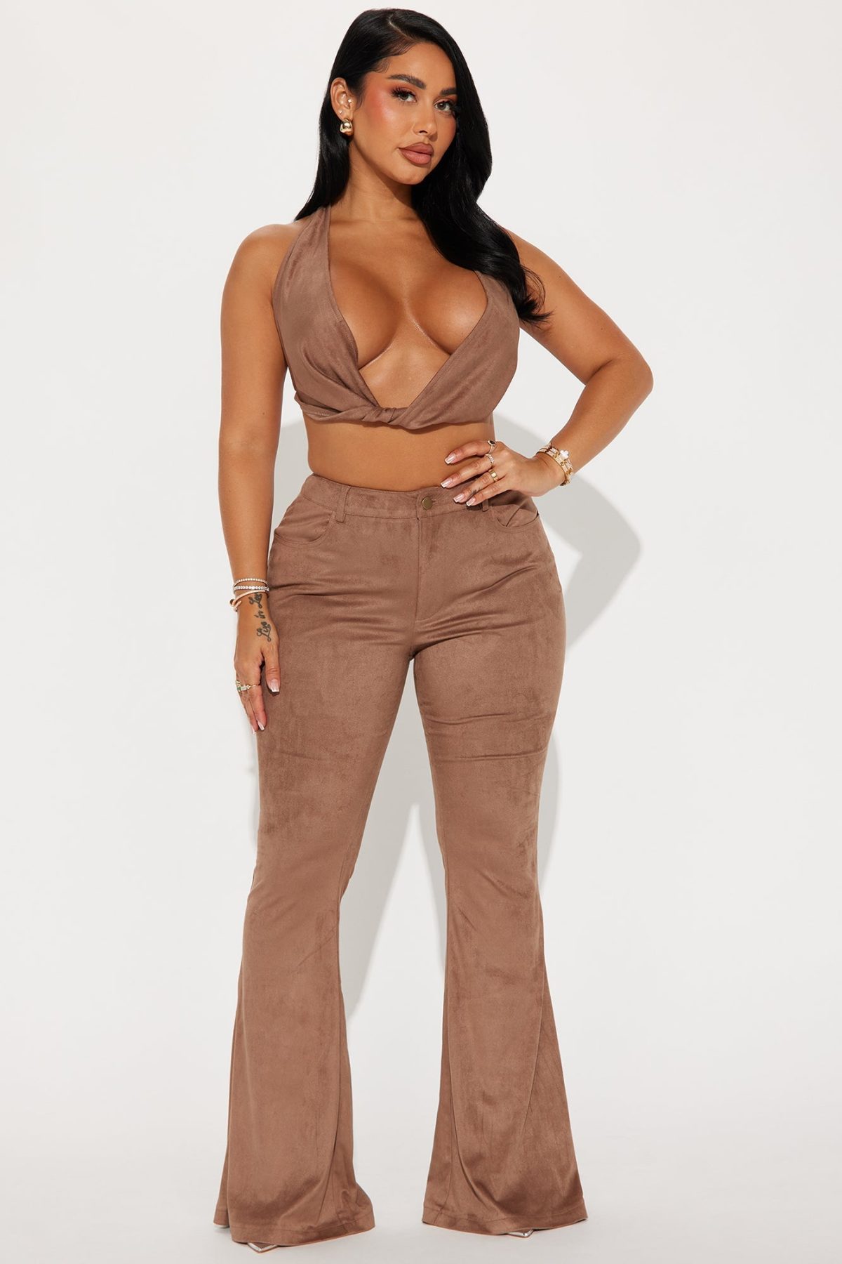 Party In Vegas Faux Suede Pant Set - Mocha