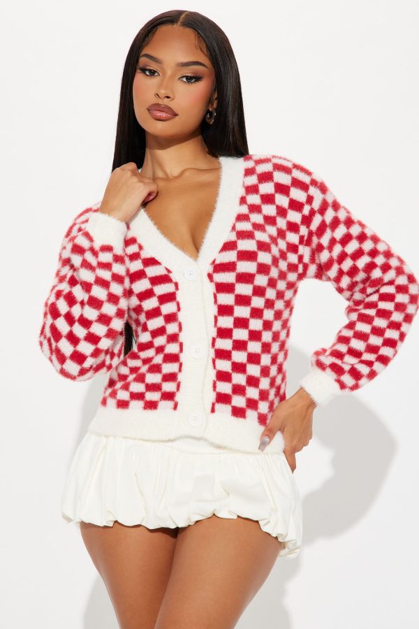 Playing Games Checkered Cardigan - Red/combo