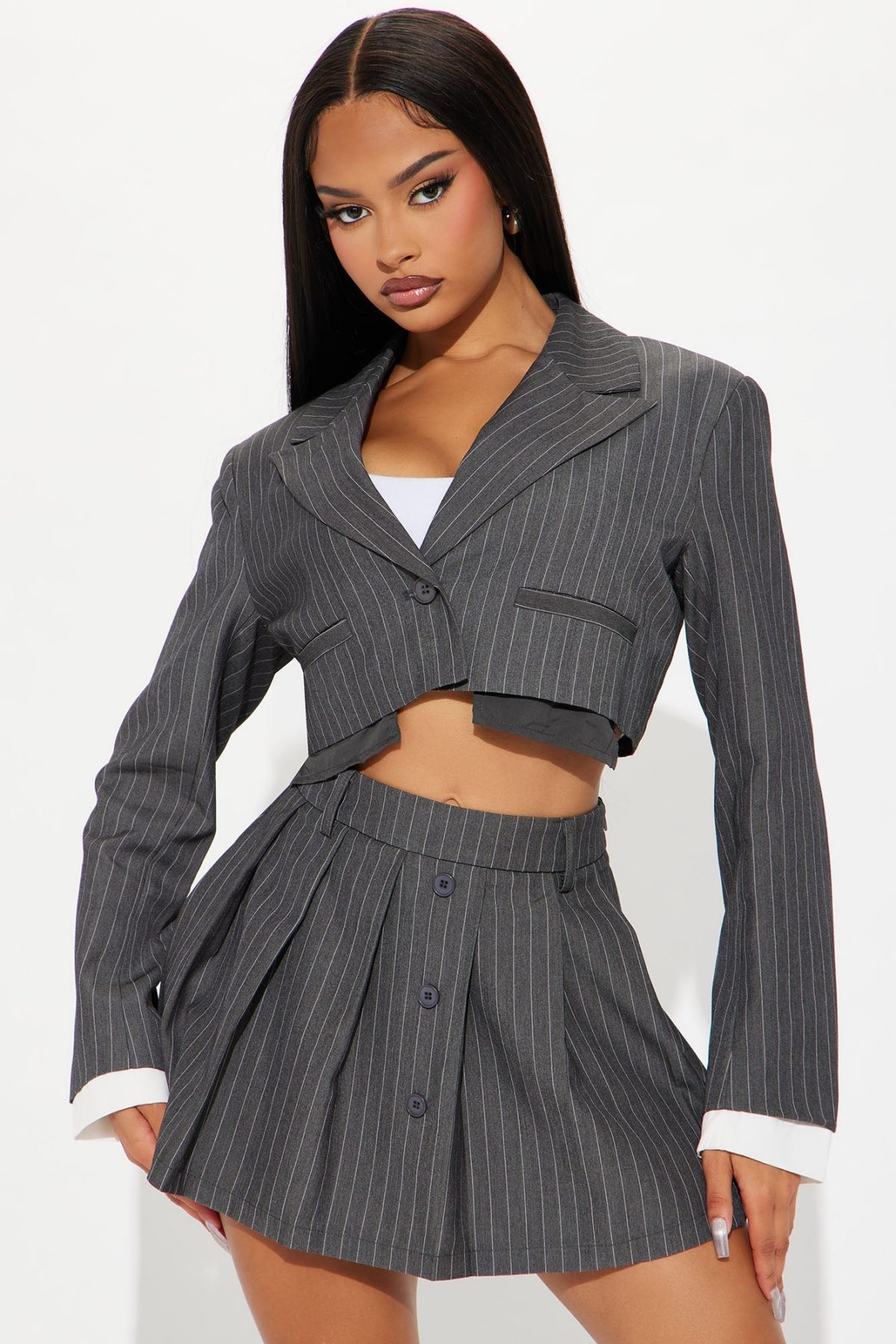 Bossy Babe Pleated Skirt Set - Grey