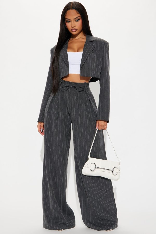 Standing On Business Blazer Pinstripe Pant Set - Charcoal