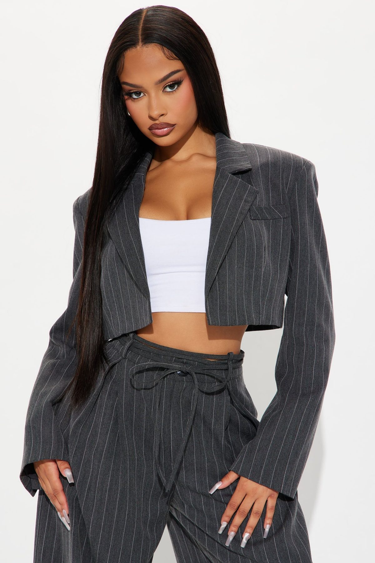 Standing On Business Blazer Pinstripe Pant Set - Charcoal