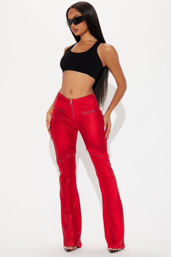 Topic Of Discussion Coated Moto Flare Jeans - Red