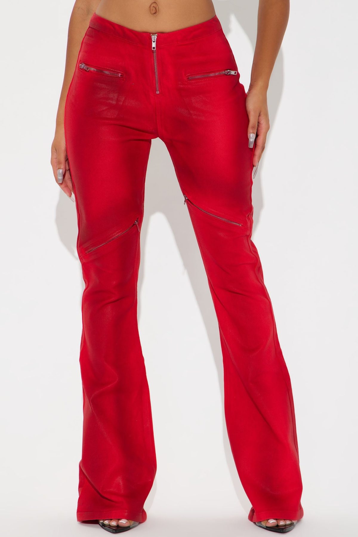 Topic Of Discussion Coated Moto Flare Jeans - Red