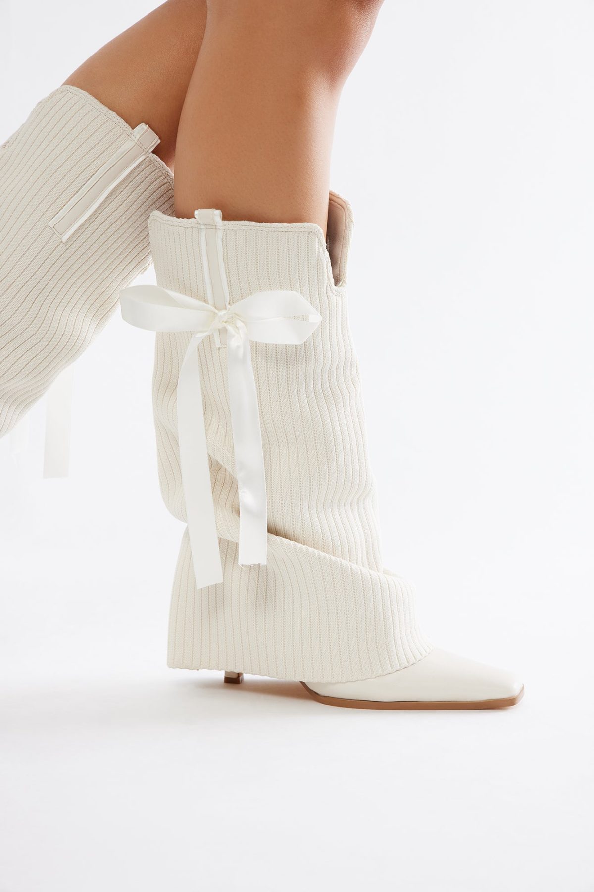 Luckie Bow Knee High Boots - Cream