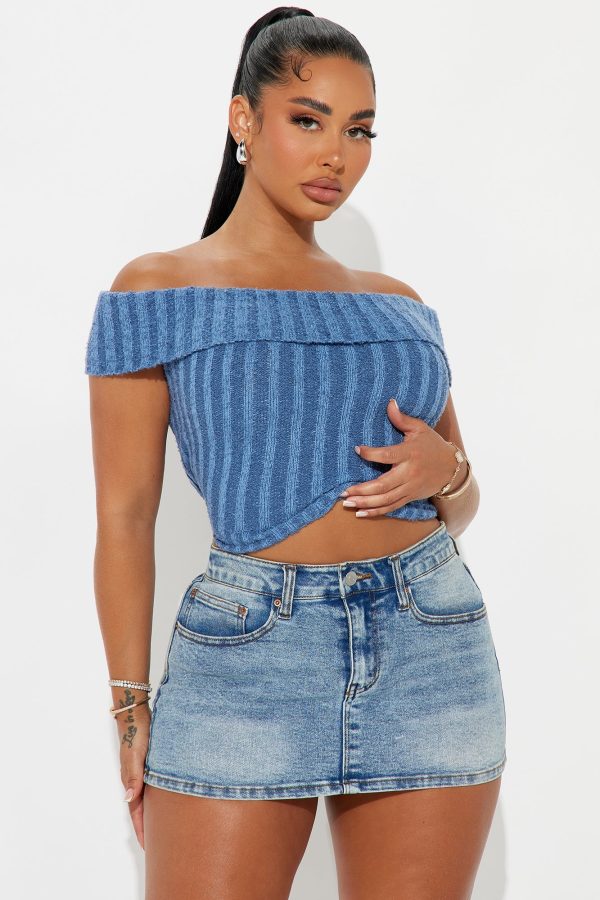 Over Night Off Shoulder Sweater Top - Blue