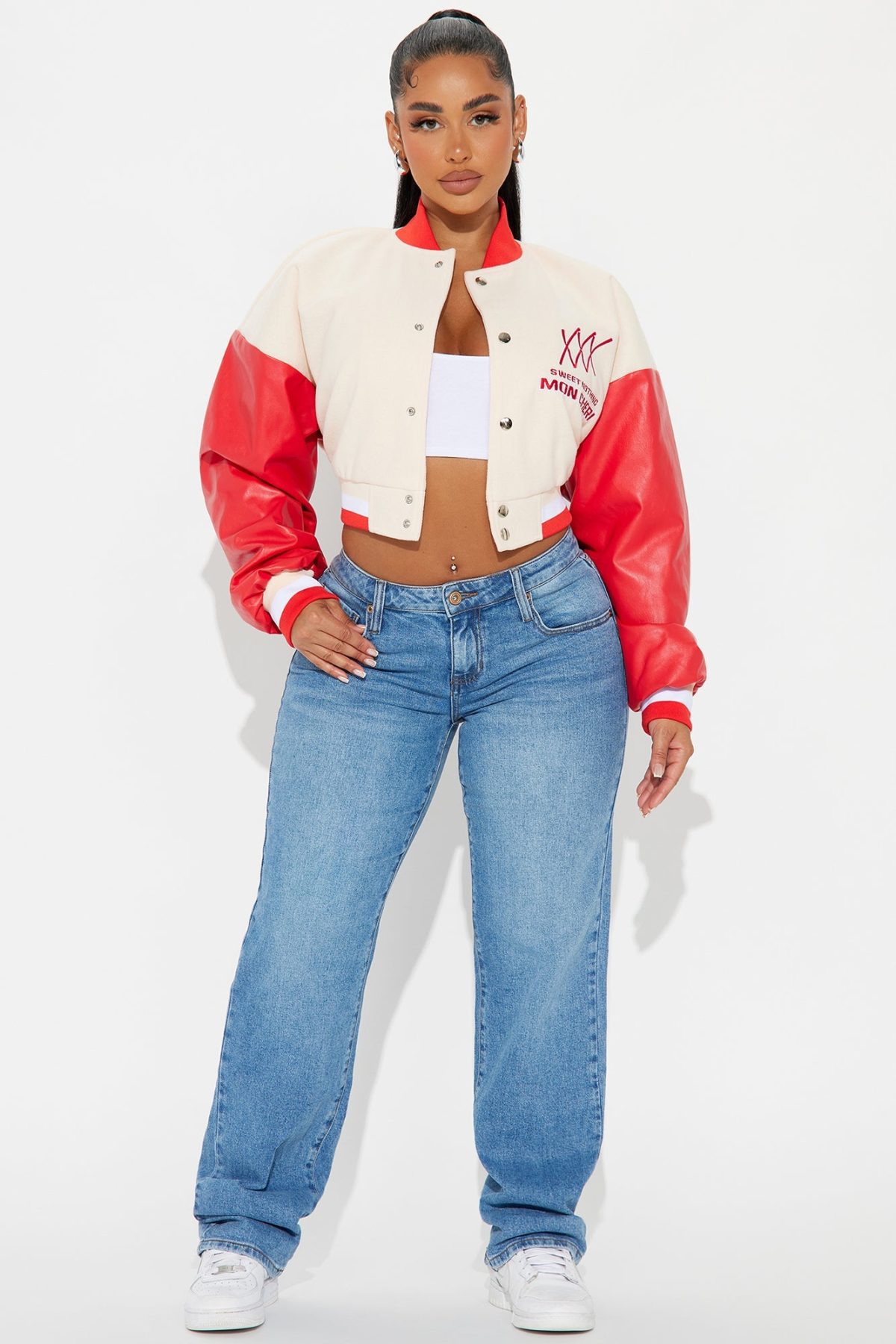 Mon Cheri Cropped Varsity Jacket - Taupe/combo