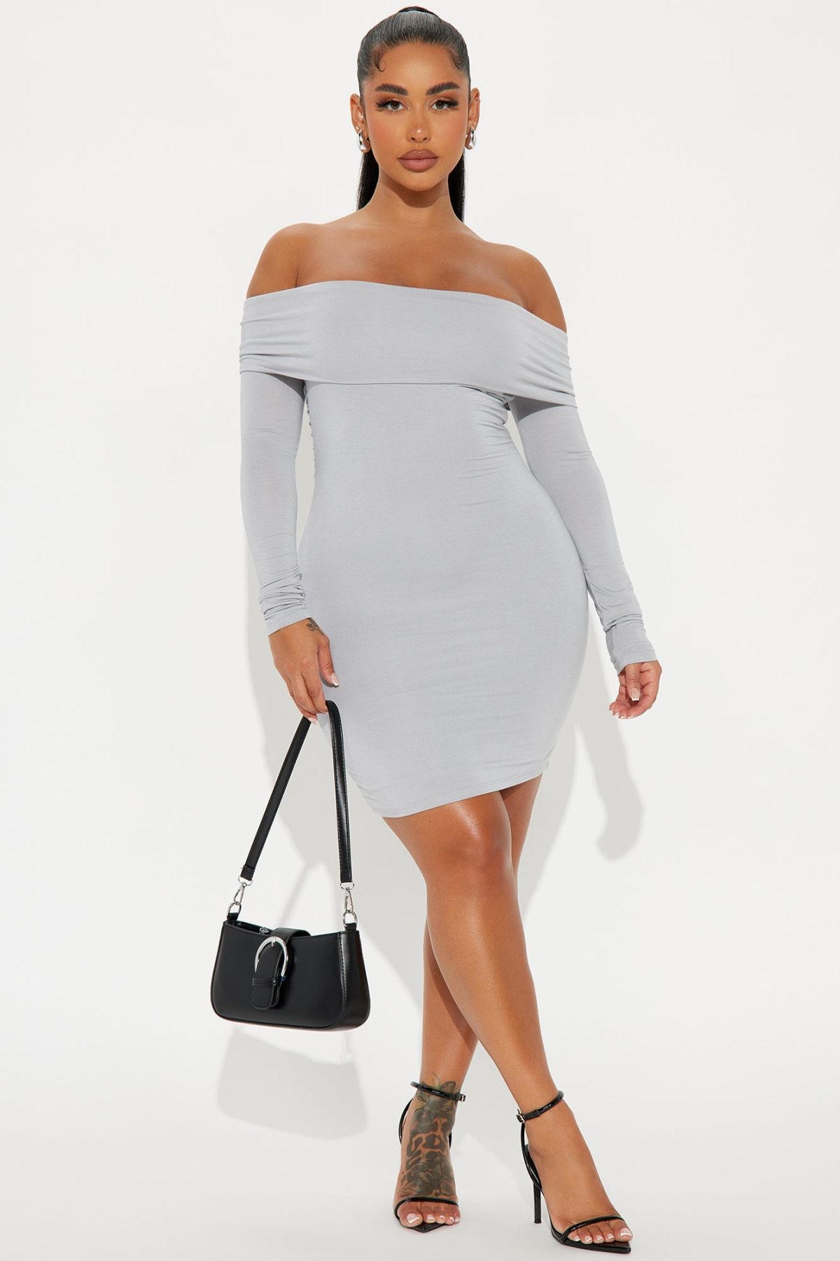 Look My Way Off Shoulder Mini Dress - Grey