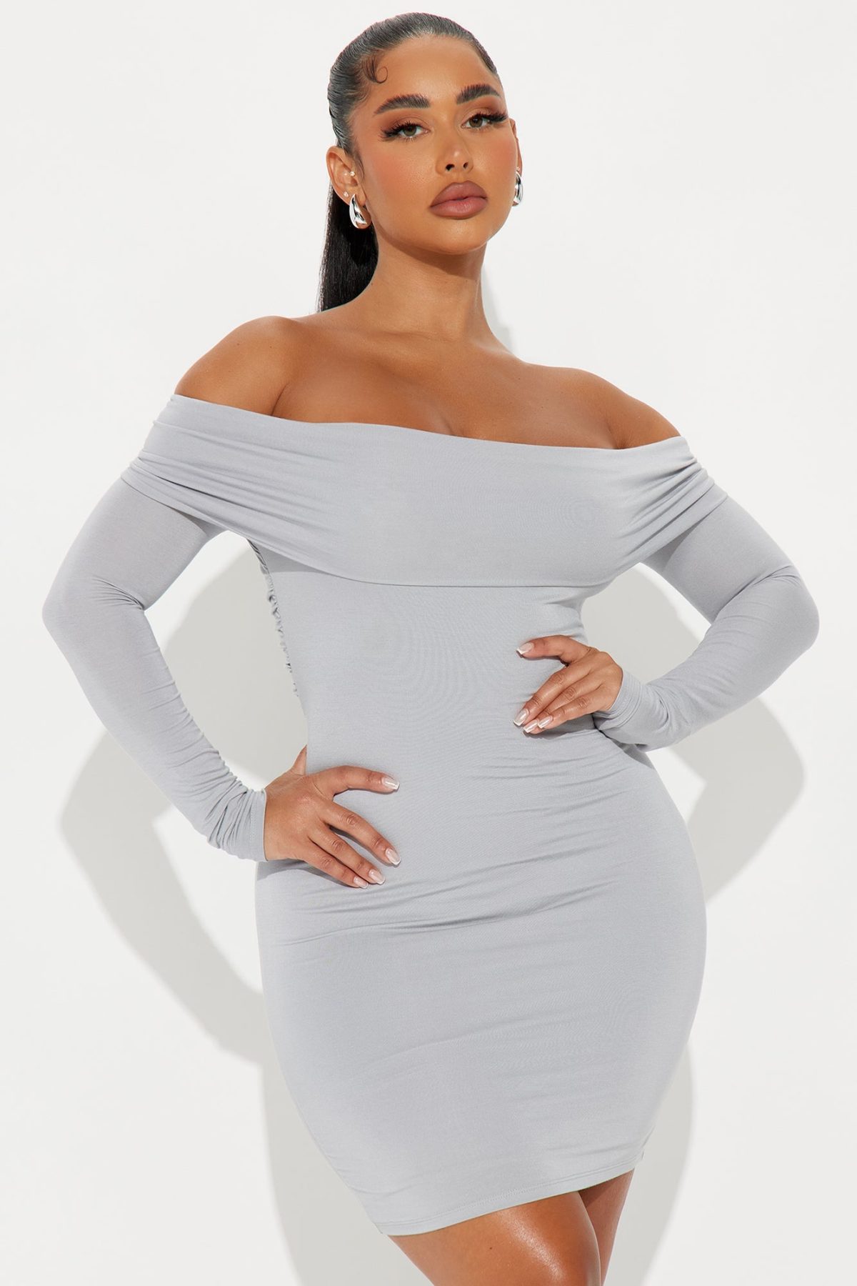 Look My Way Off Shoulder Mini Dress - Grey