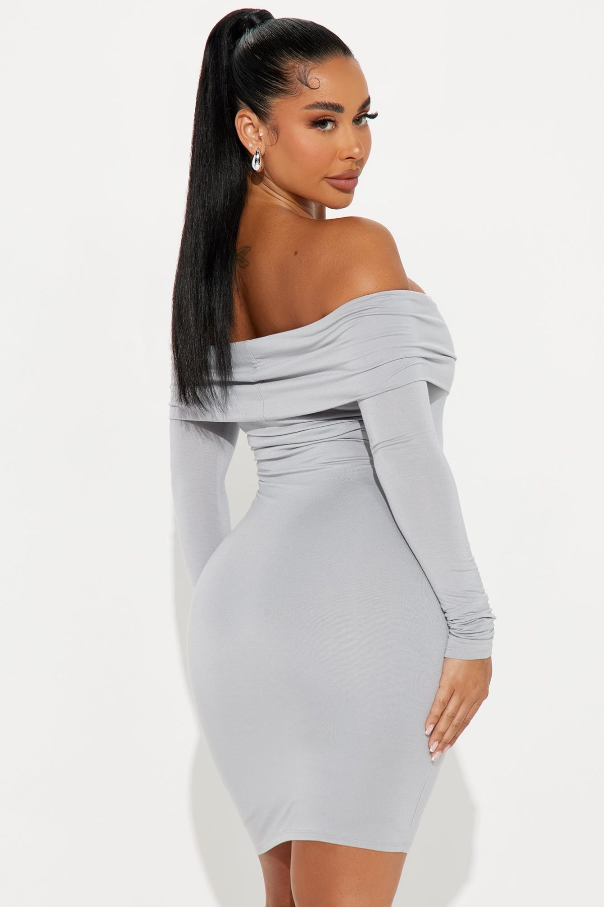 Look My Way Off Shoulder Mini Dress - Grey