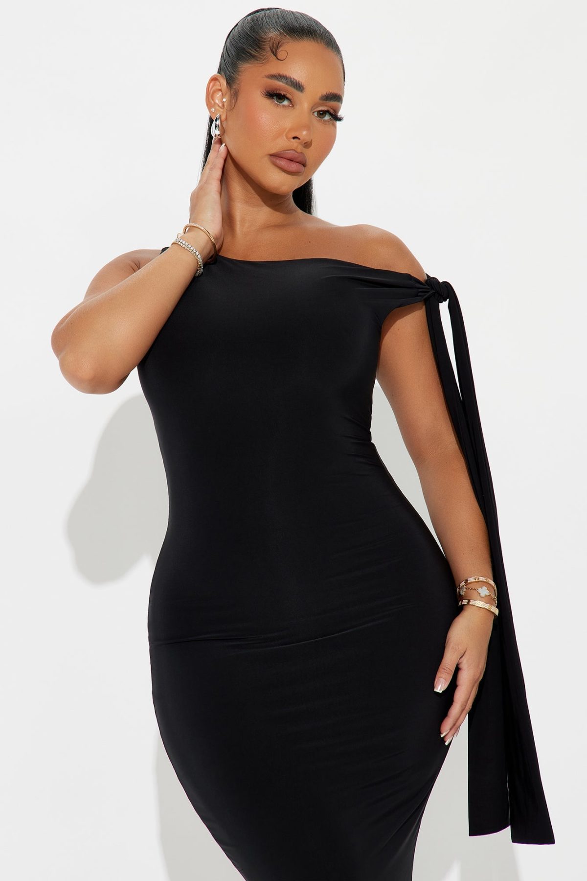 Olympia Twist One Shoulder Midi Dress - Black