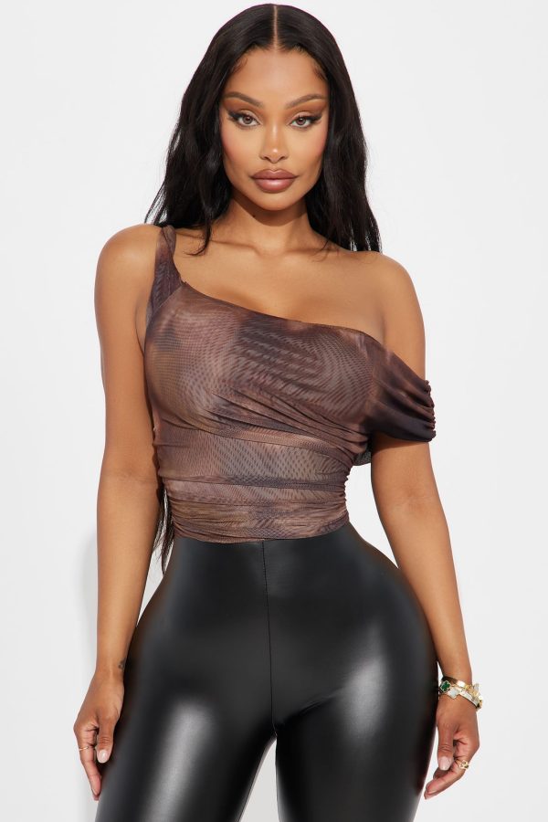 Julia Mesh Off Shoulder Top - Brown/combo