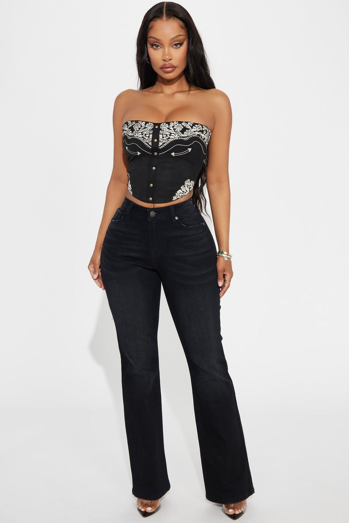 Valerie Faux Suede Embroidered Top - Black/combo