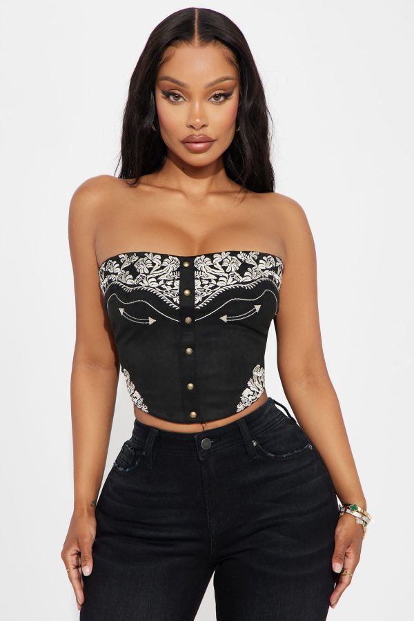 Valerie Faux Suede Embroidered Top - Black/combo