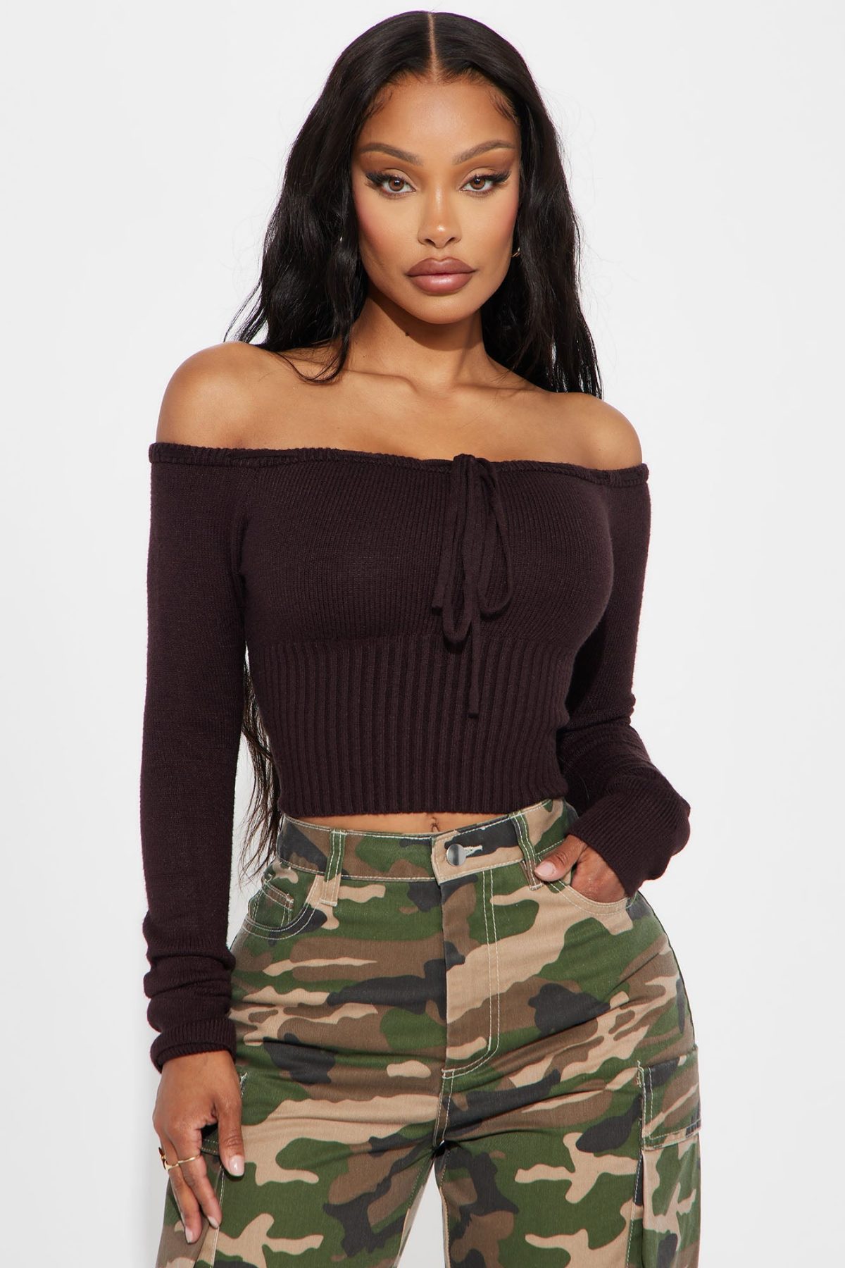 Athena Off Shoulder Sweater - Chocolate