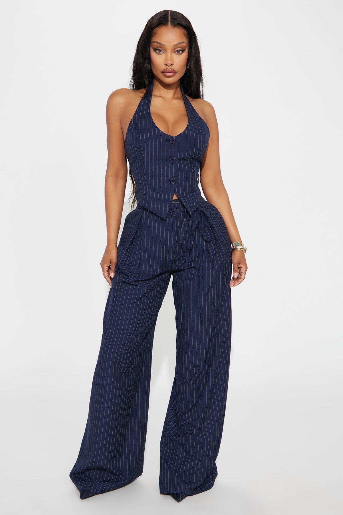 Steph Vest Pinstripe Pant Set - Navy