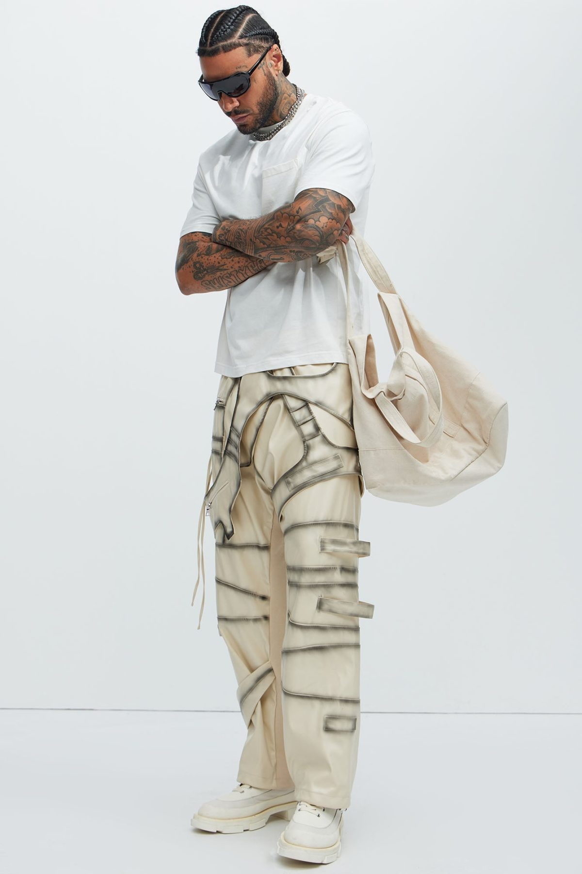 Split Vision Two Tone Belted Pants - Cream