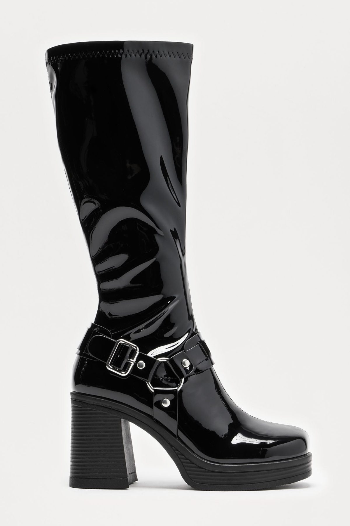 Bianca Buckle Knee High Boots - Black