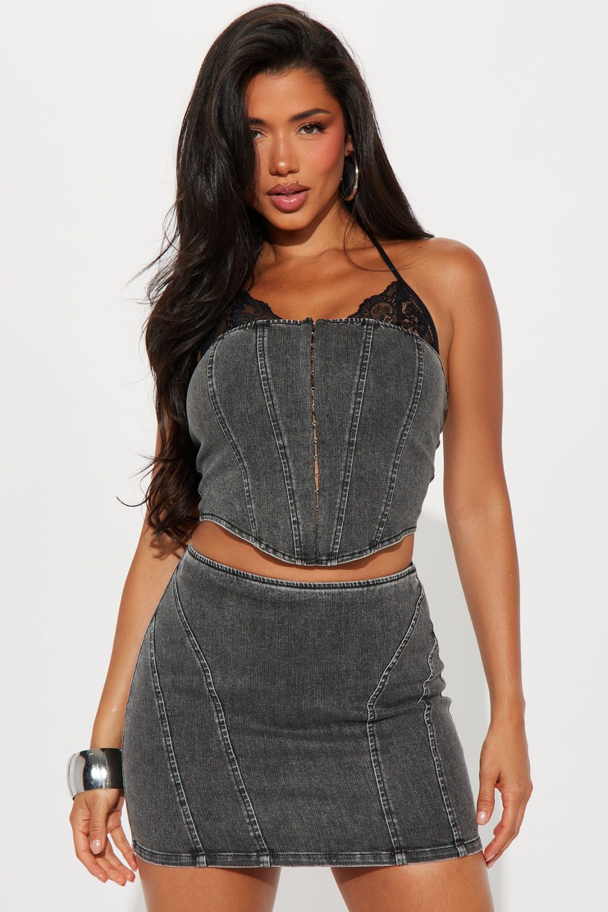 Shana Lace Trim Denim Skirt Set - Grey