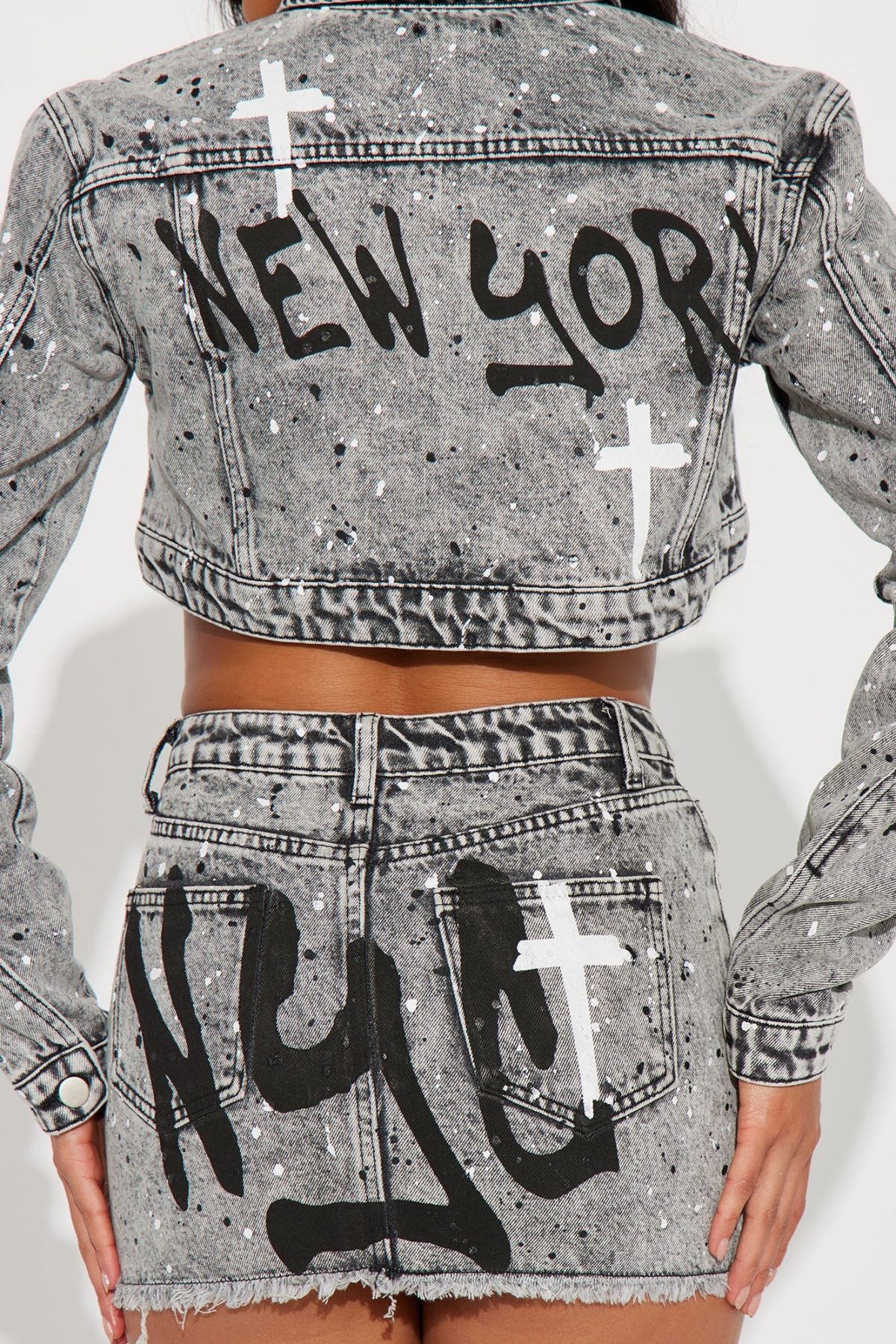 Graffiti Girl Denim Skirt Set - Grey