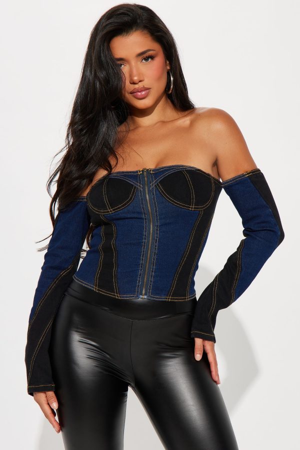 Booked And Busy Denim Corset Top - Black/Blue