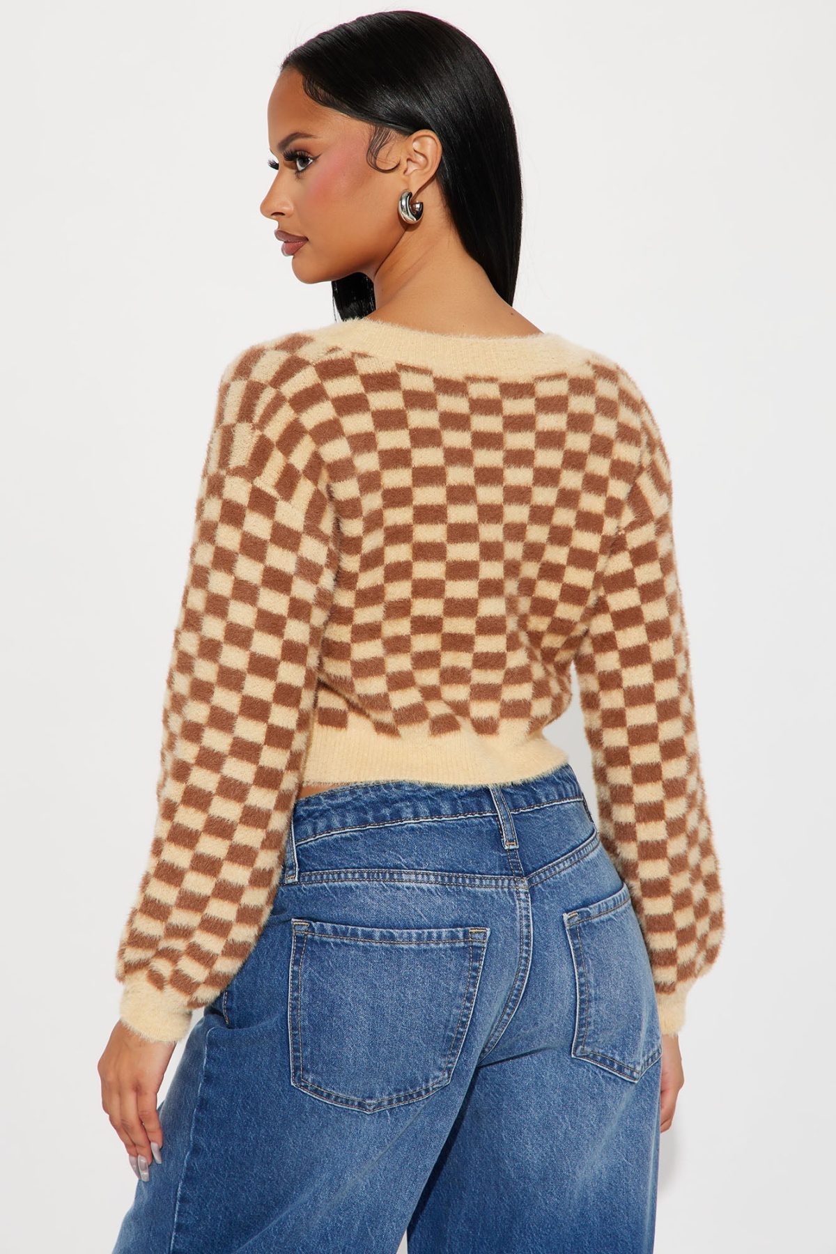 Nonsense Checkered Cropped Cardigan - Brown/combo