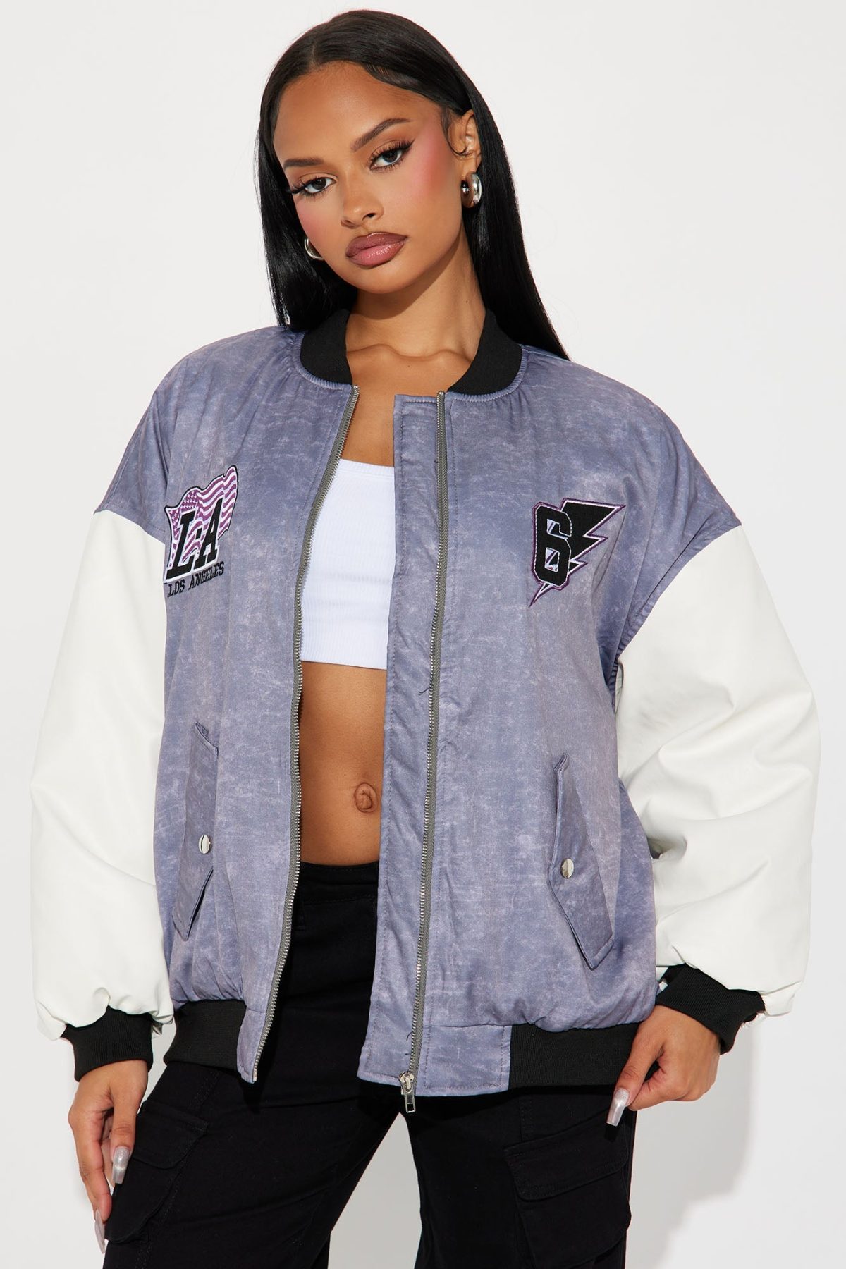 Los Angeles Vibe Oversized Bomber Jacket - Grey/combo