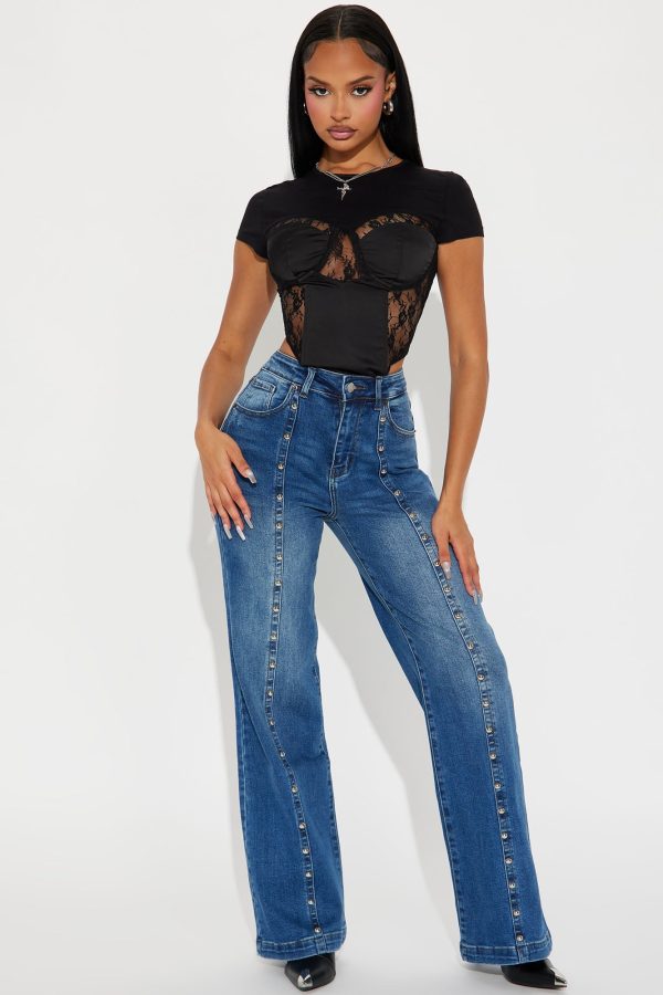 Getting Entangled Studded Stretch Flare Jeans - Dark Wash