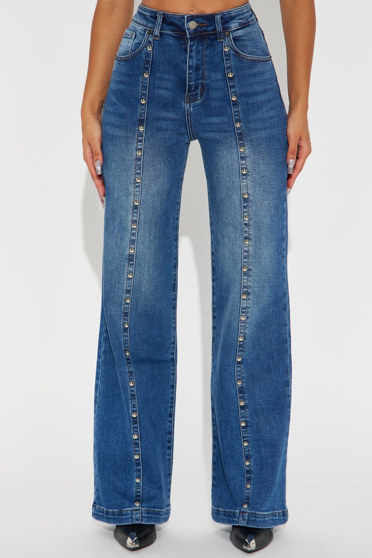 Getting Entangled Studded Stretch Flare Jeans - Dark Wash