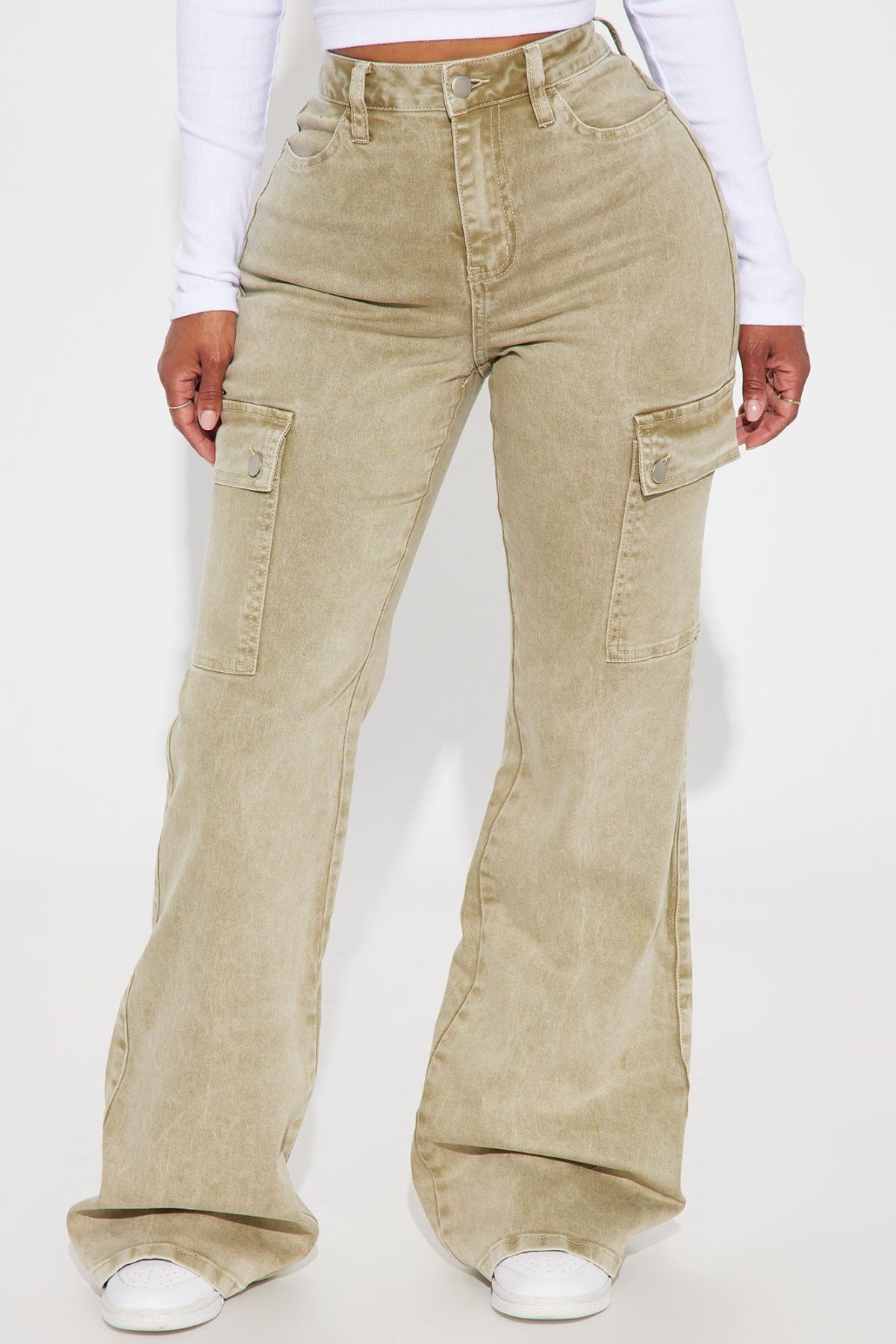 Top Of The Class Stretch Cargo Flare Jeans - Olive