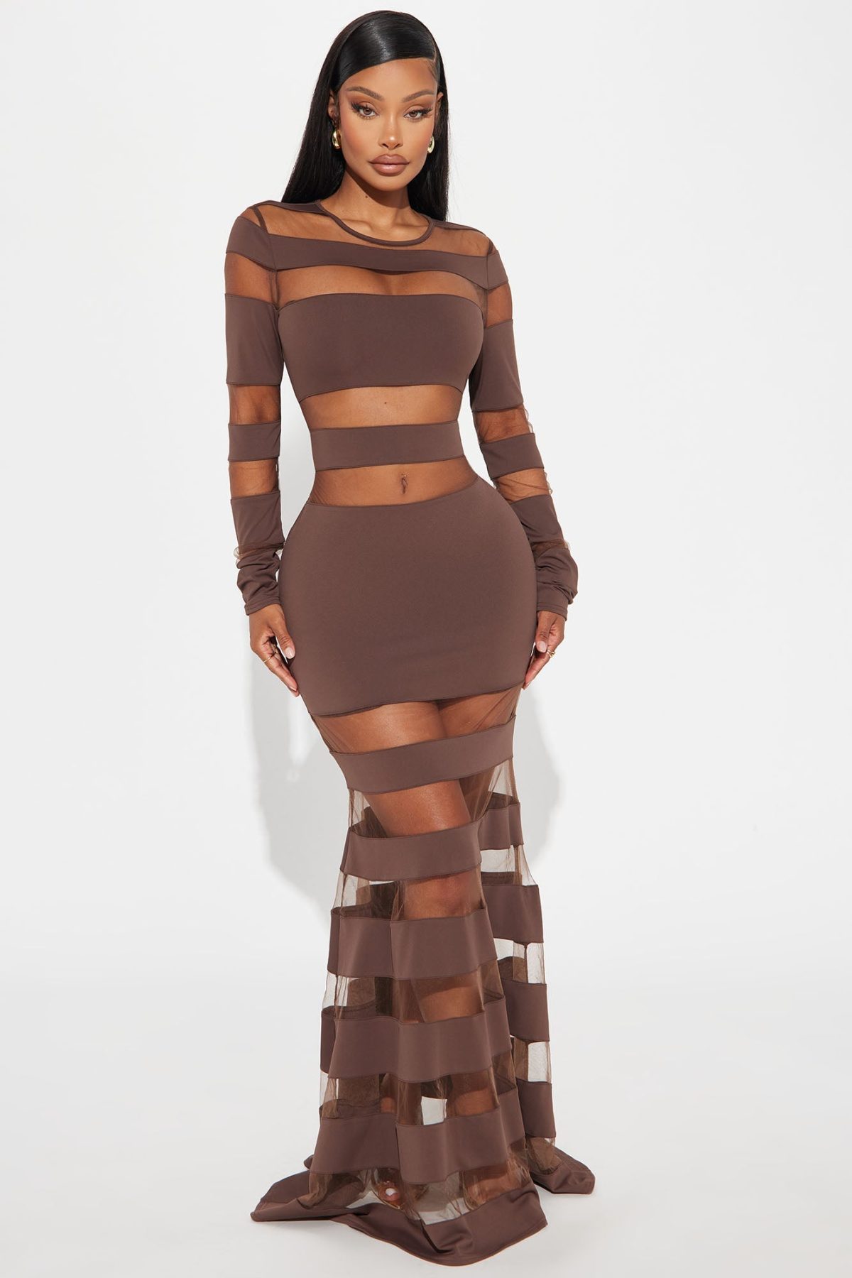 Gemma Cut Out Mesh Maxi Dress - Brown