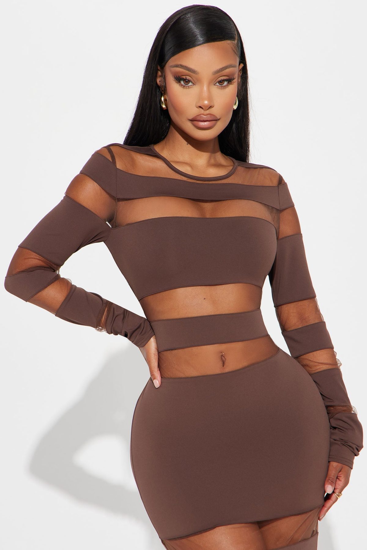 Gemma Cut Out Mesh Maxi Dress - Brown