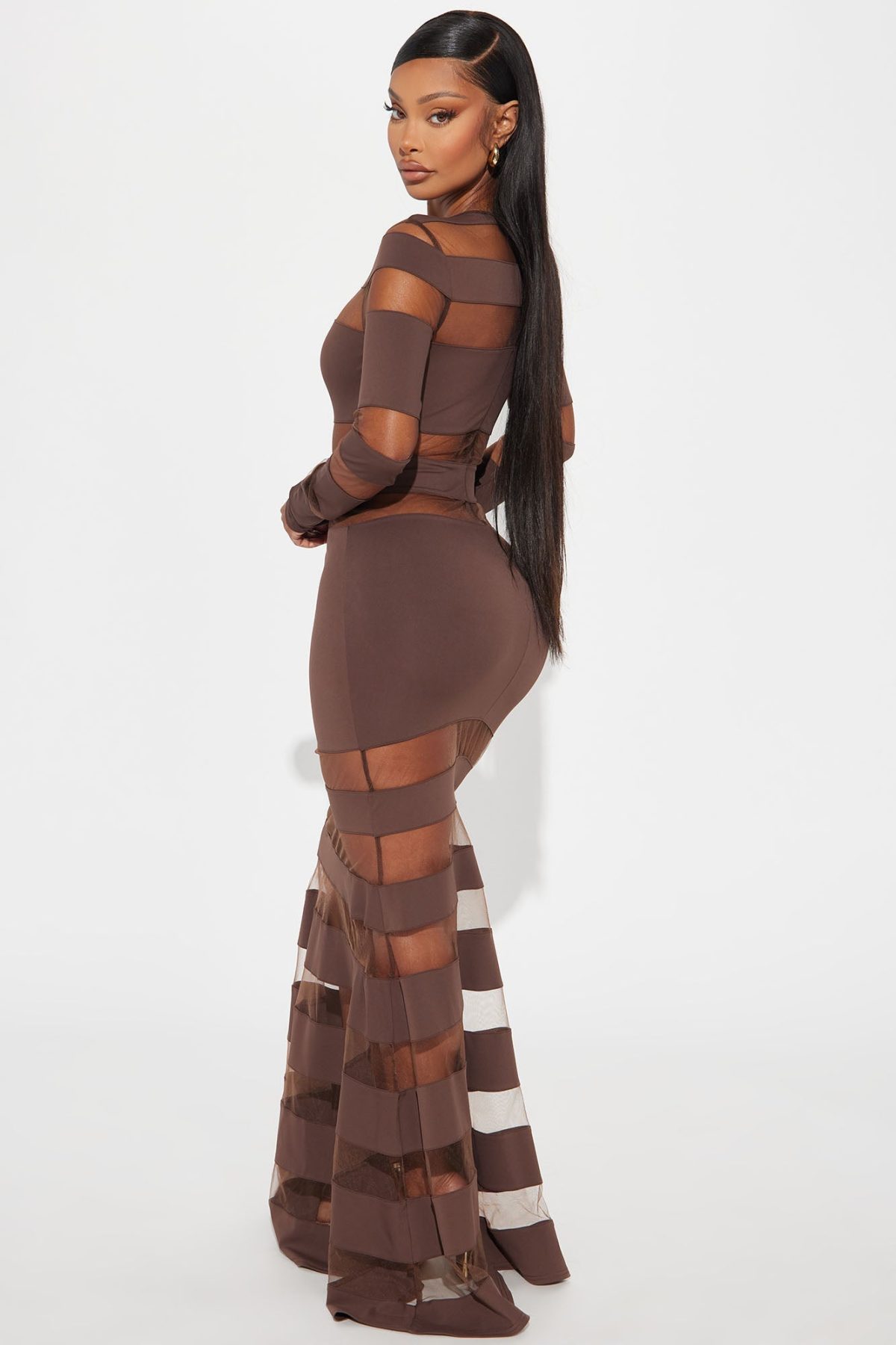 Gemma Cut Out Mesh Maxi Dress - Brown