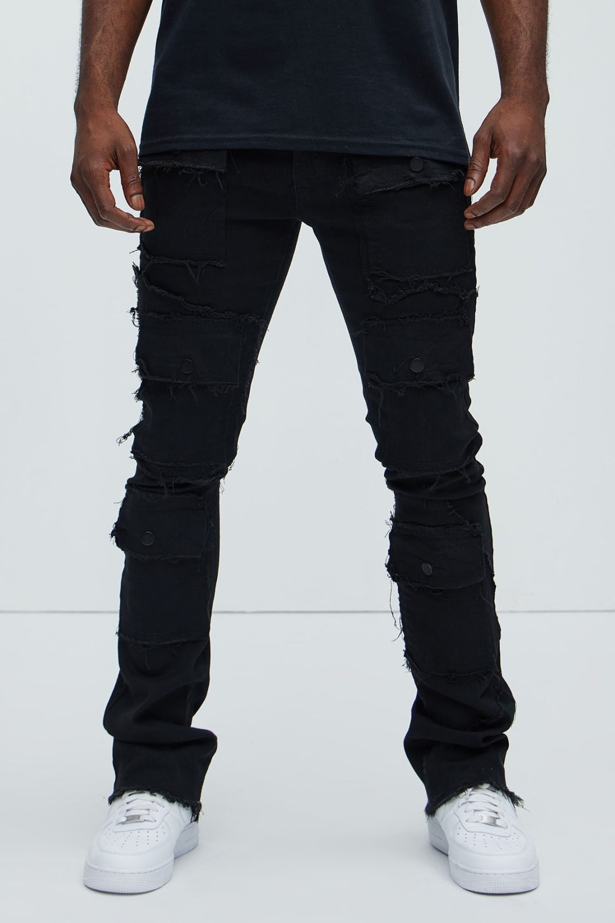 Let's Go Fray Cargo Skinny Flare Jeans - Black