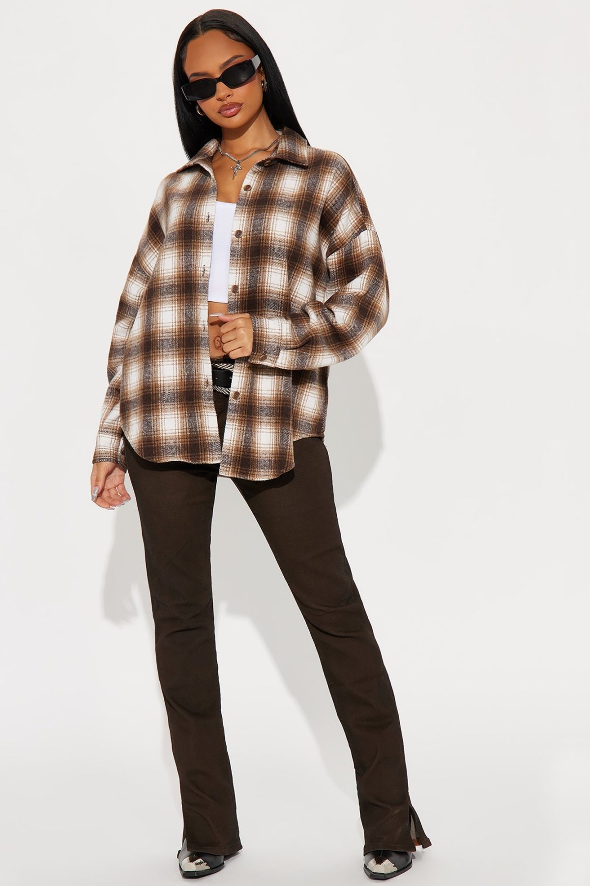 Good Life Fringe Plaid Shirt - Brown/combo