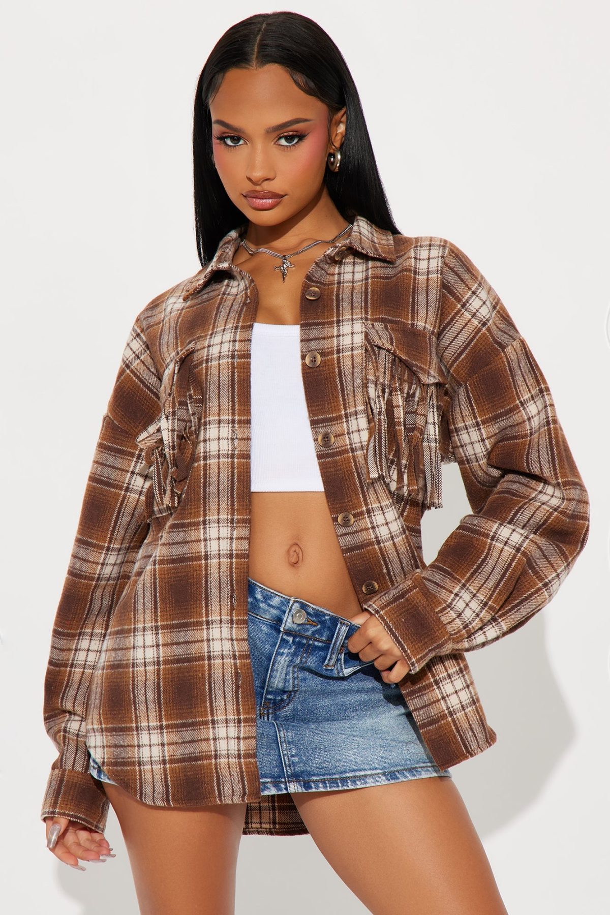 Shania Fringe Plaid Shirt - Brown/combo