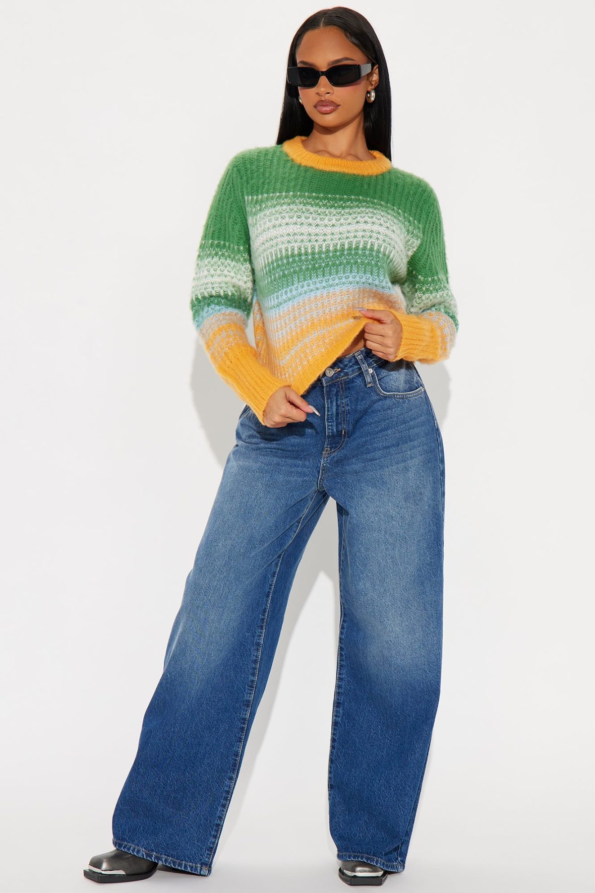 Take It Easy Cropped Sweater - Green/combo