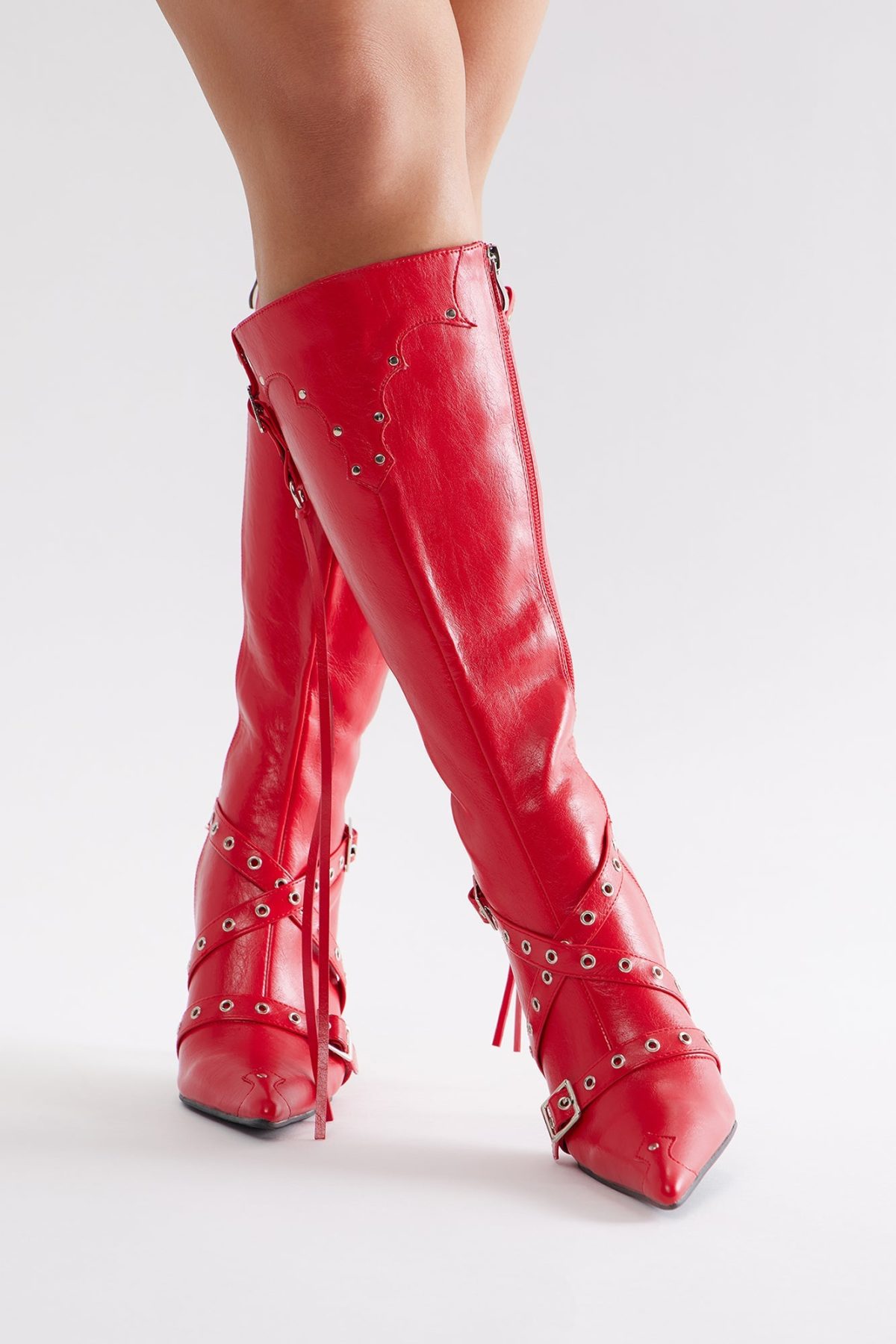 Fake Love Knee High Heeled Boots - Red