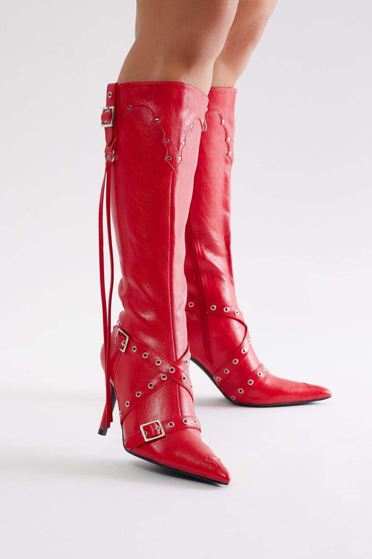 Fake Love Knee High Heeled Boots - Red