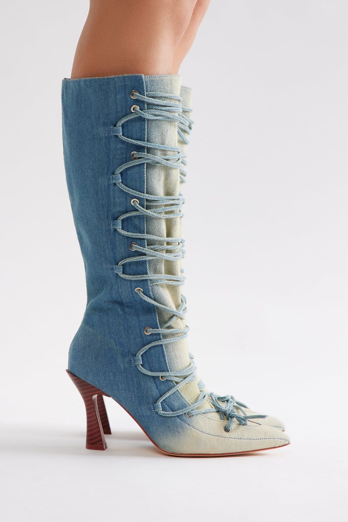 Gia Lace Up Knee High Boots - Denim