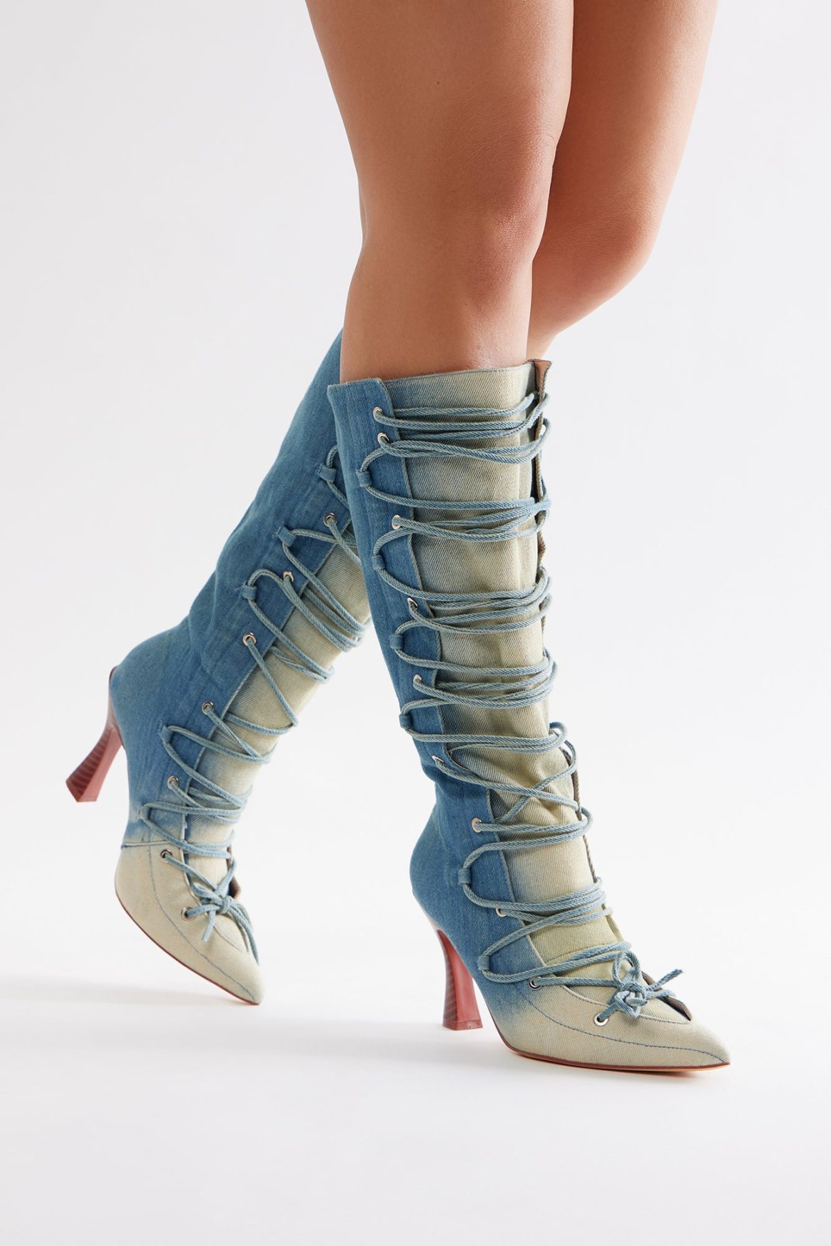 Gia Lace Up Knee High Boots - Denim