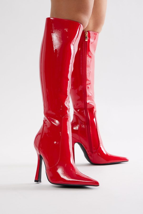 Big City Girl Knee High Heeled Boots - Red