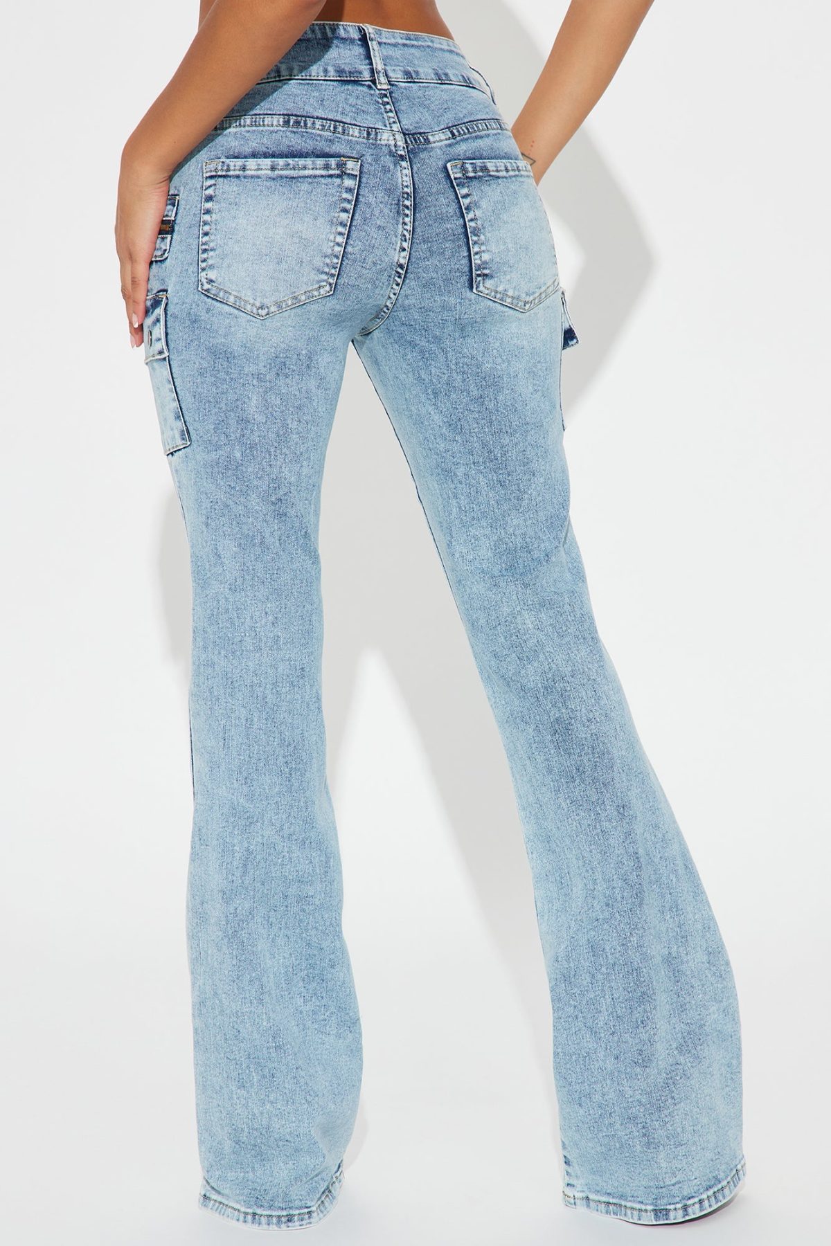 Don't Mind At All Stretch Moto Cargo Flare Jeans - Medium Wash