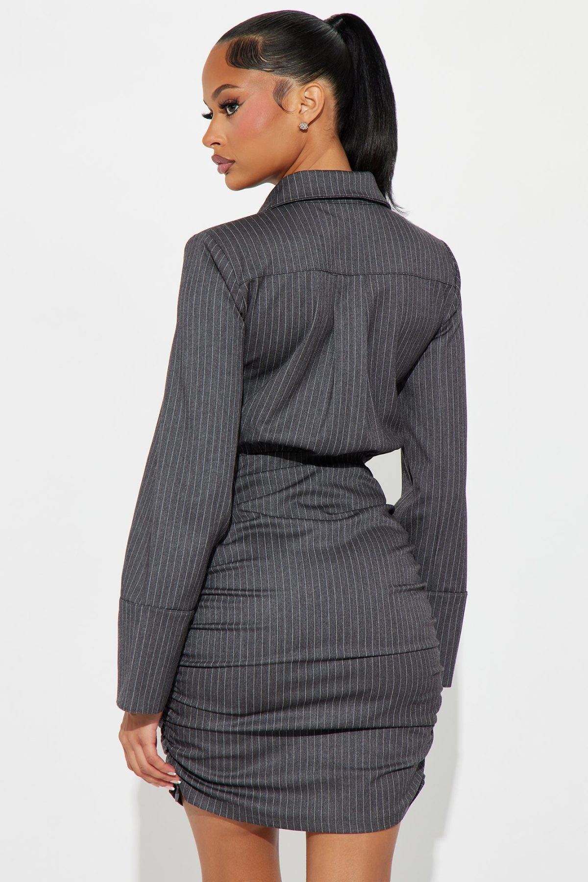 Office Gossip Pinstripe Mini Dress - Charcoal