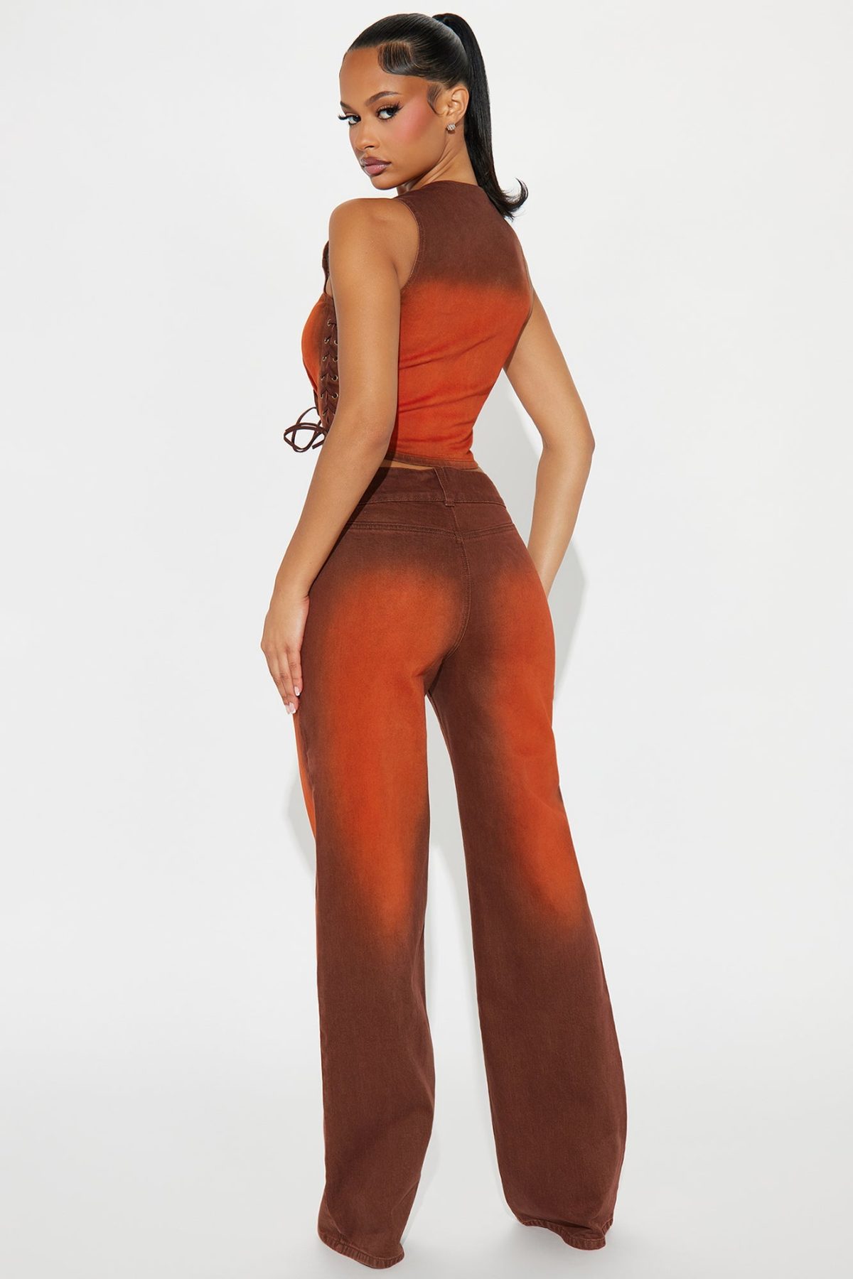 Wynona Lace Up Denim Pant Set - Rust/combo