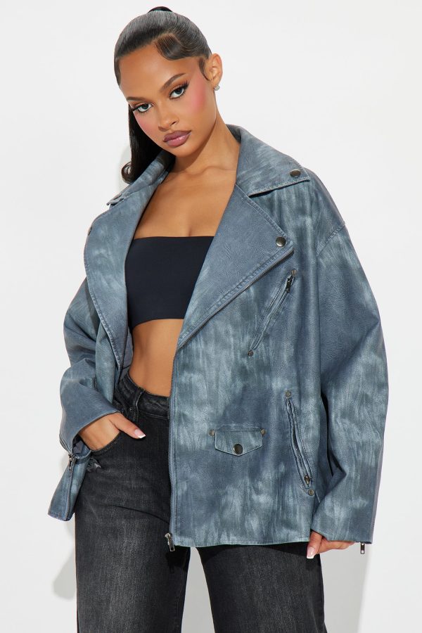 Hot Fix Faux Leather Moto Jacket - Dusty Blue